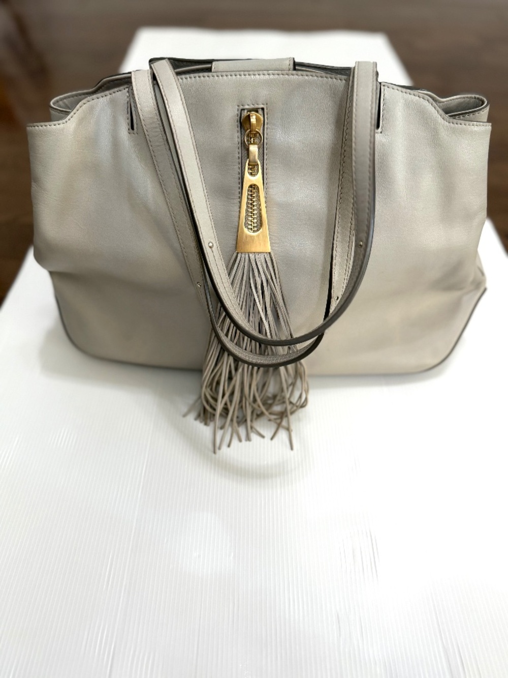 Brian Atwood Gray Leather Large Tassel Tote Bag